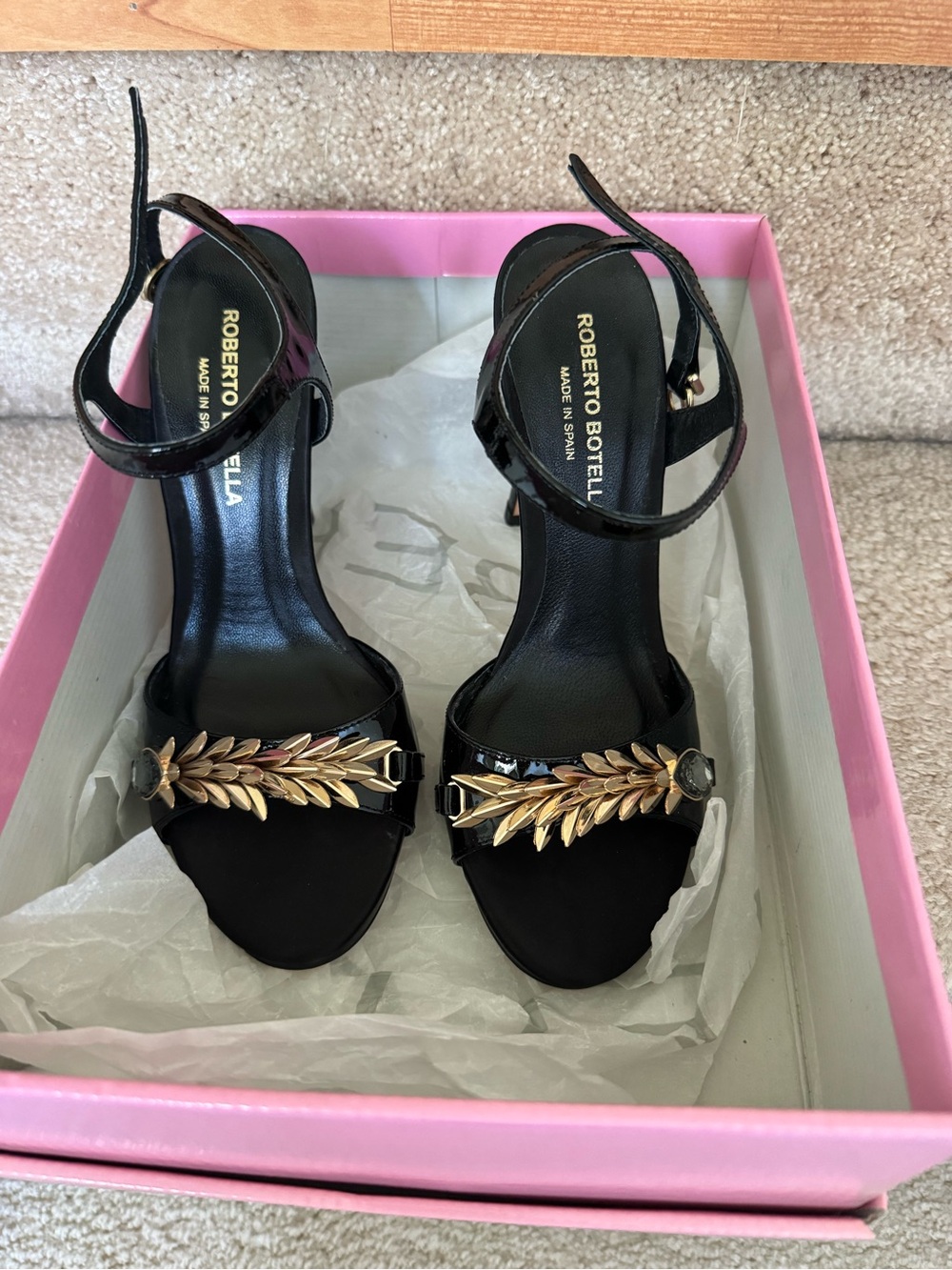 Made in Spain Black Patent Ankle-Strap Heels with Gold Leaf Detail